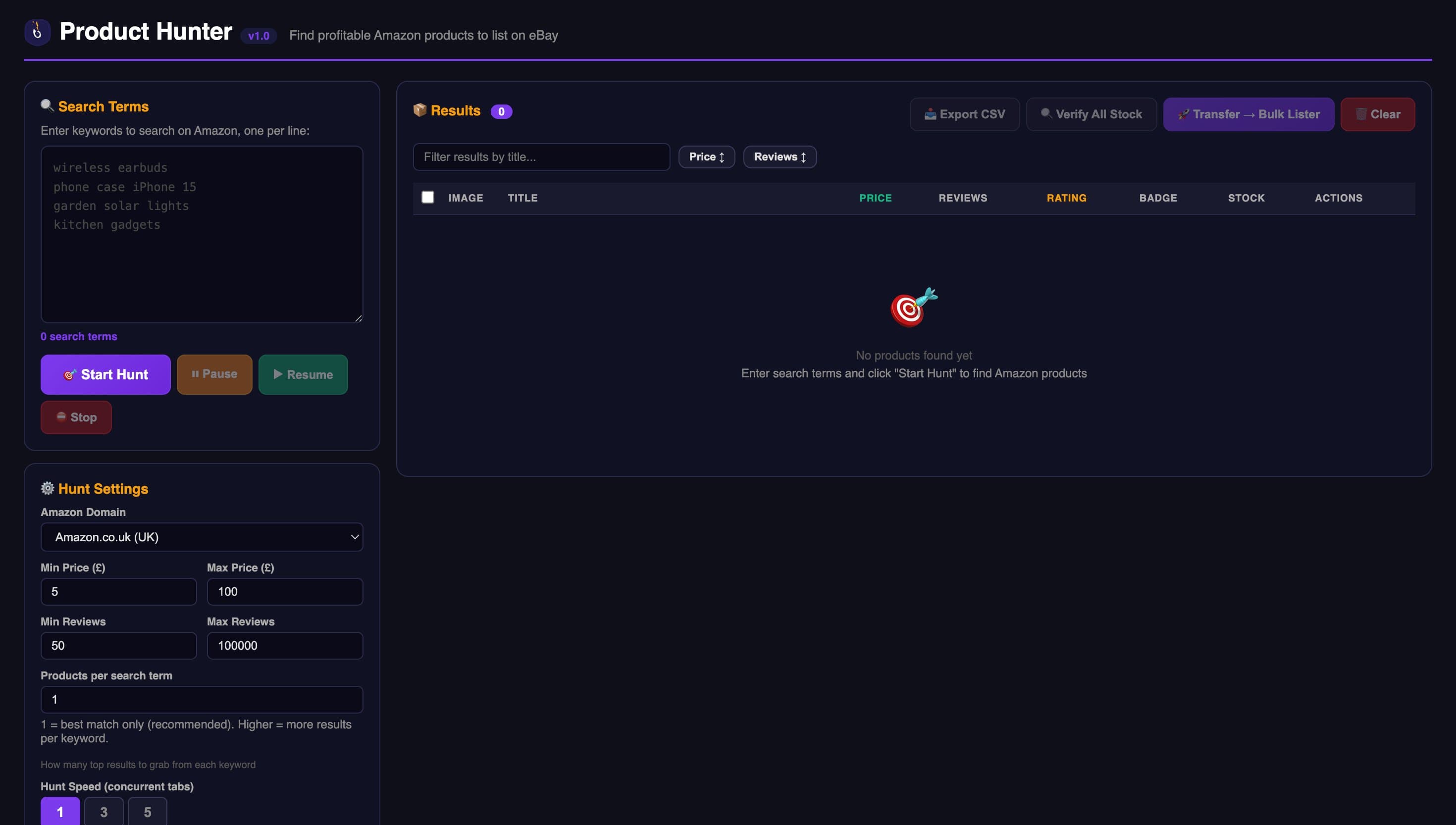 UnicornDS Product Hunter showing Amazon keyword results with review count and VERO badges